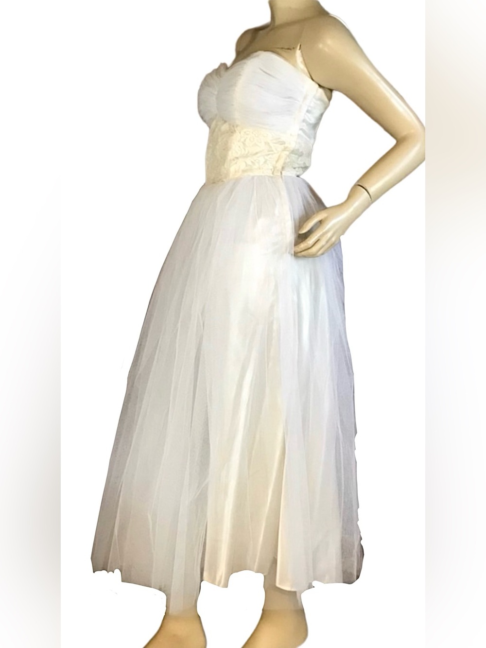 VINTAGE 1950'S CORRINE ORIGINALS WHITE & CREAM TULLE & LACE PARTY DRESS (S) - Picture 4 of 13